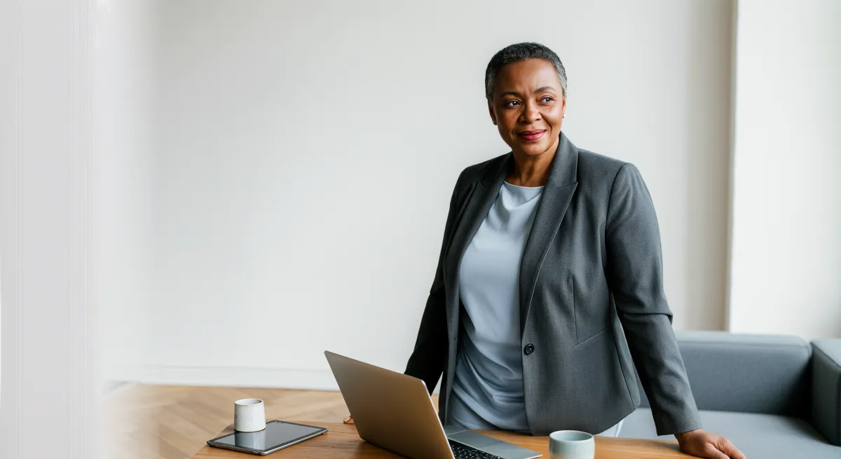 Sofia Martins sorri na sala de reunião